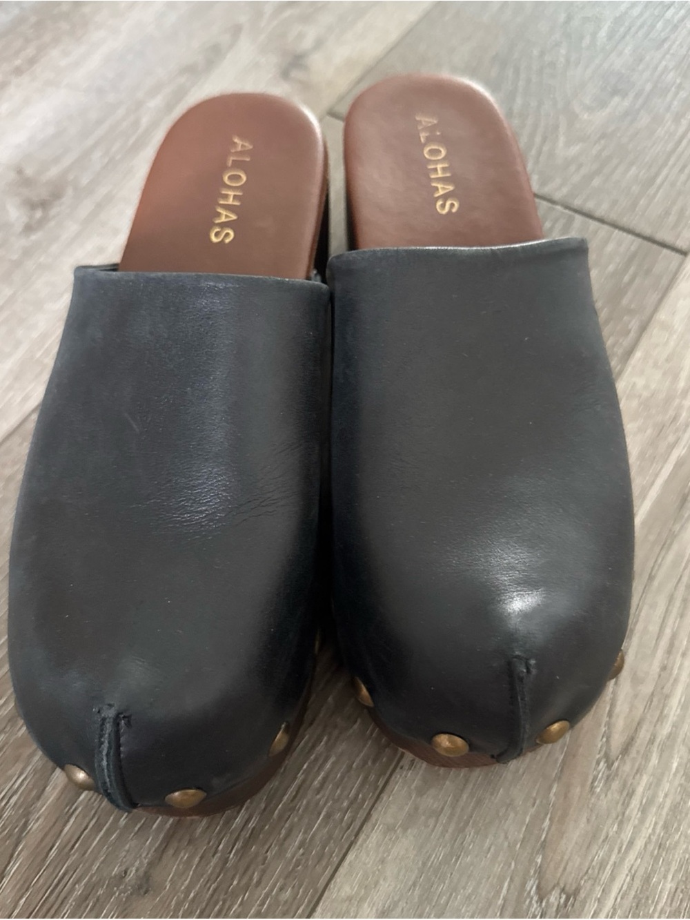 Alohas Womens Harley Studded Leather Wooden Platform Clogs Black Brown Size 38 - Picture 5 of 7
